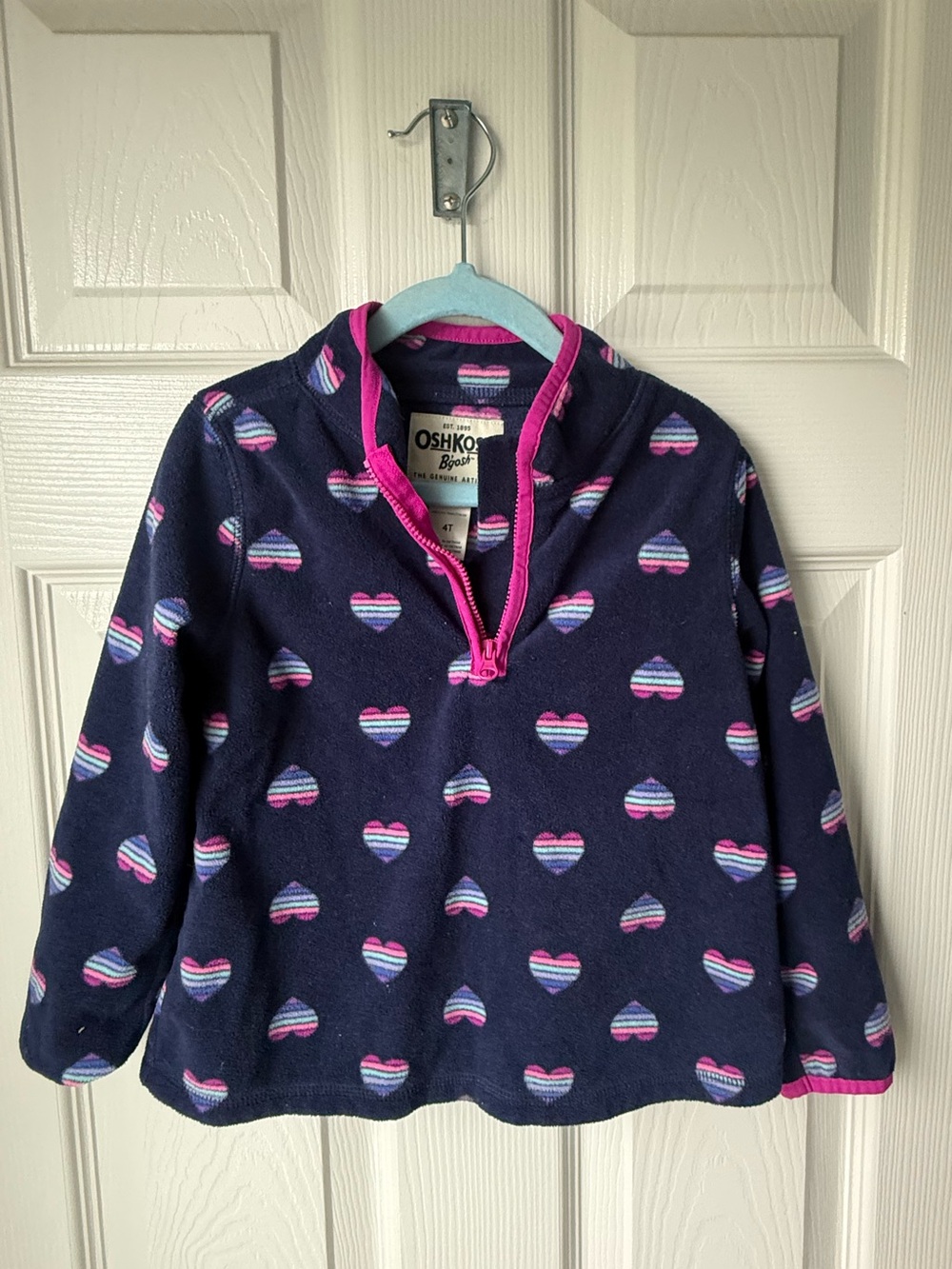 OshKosh B'gosh Girls' Navy Heart Print Fleece Pullover - Pink Trim 4T